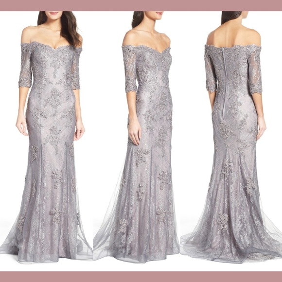 NEW $598 LA FEMME [ 4 ] Off the Shoulder Lace Mermaid Gown in Grey/Pink‎ - Picture 1 of 12